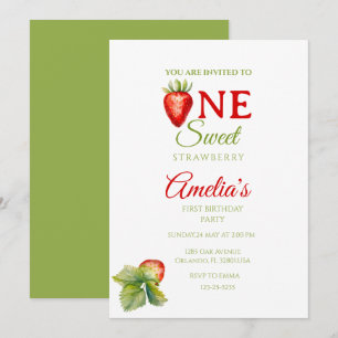 One Watercolor Strawberry,Berry Sweet Birthday Invitation