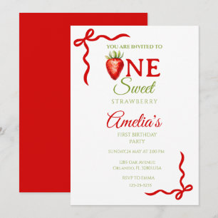 One Watercolor Strawberry,Berry Sweet Birthday Invitation