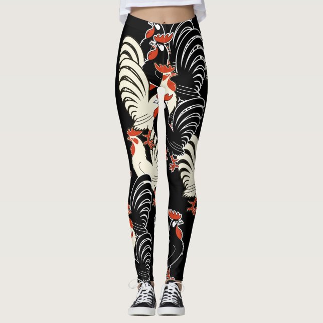 One white and two black roosters  leggings (Front)
