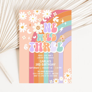 One Wild and Three Daisy Rainbow Groovy Birthday Invitation