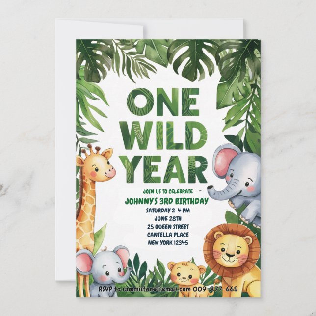 One Wild Year 1st Birthday Invitation  (Front)