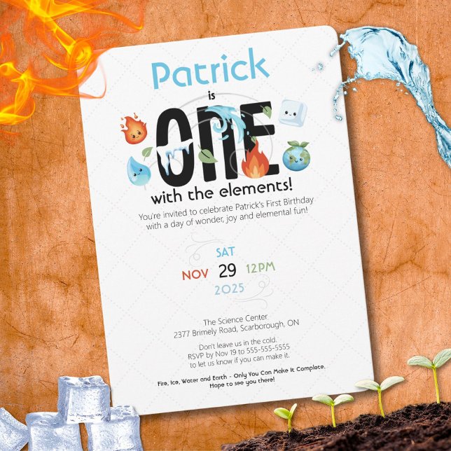 ONE With The Elements First Birthday Invitation (A fun birthday theme of 4 Elements featuring fire, ice, water, and earth)