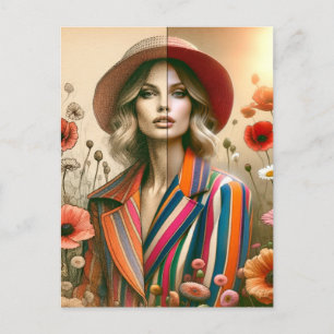 One Woman Two Styles Stripes Fashion Sketch Postcard