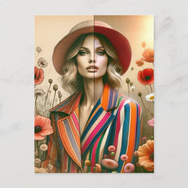One Woman Two Styles Stripes Fashion Sketch Postcard (Front)