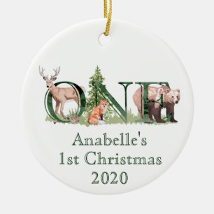 One Woodland Animal 1st Christmas Personalised Ceramic Tree Decoration