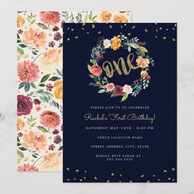 One Wreath Floral Navy First Birthday Invitation (Front/Back)