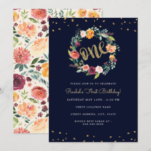 One Wreath Floral Navy First Birthday Invitation