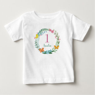 One Year Birthday Colourful Butterfly Floral Wreat Baby T-Shirt