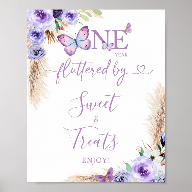One Year Fluttered Butterfly Birthday Sweet Treat Poster (Front)