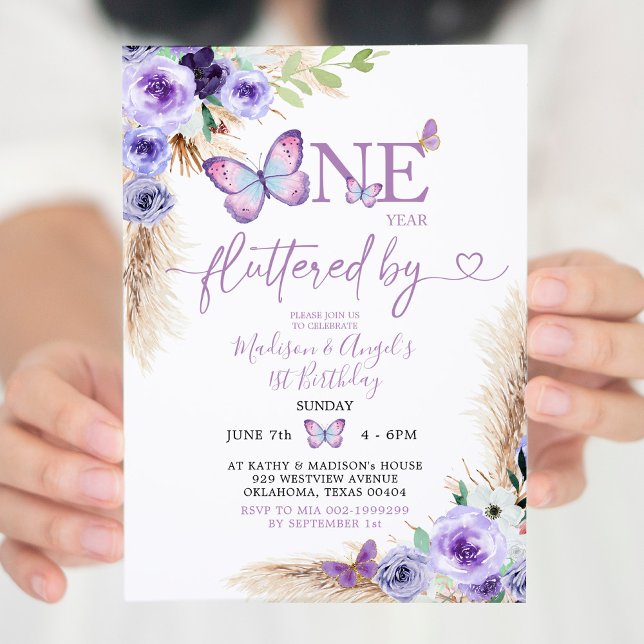 One year fluttered Butterfly First Birthday Floral Invitation (Creator Uploaded)