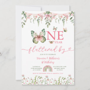 One year fluttered Butterfly First Birthday Floral Invitation