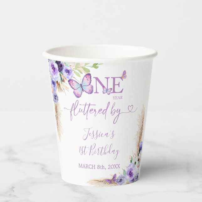 One Year Fluttered Butterfly First Birthday Floral Paper Cups (Front)