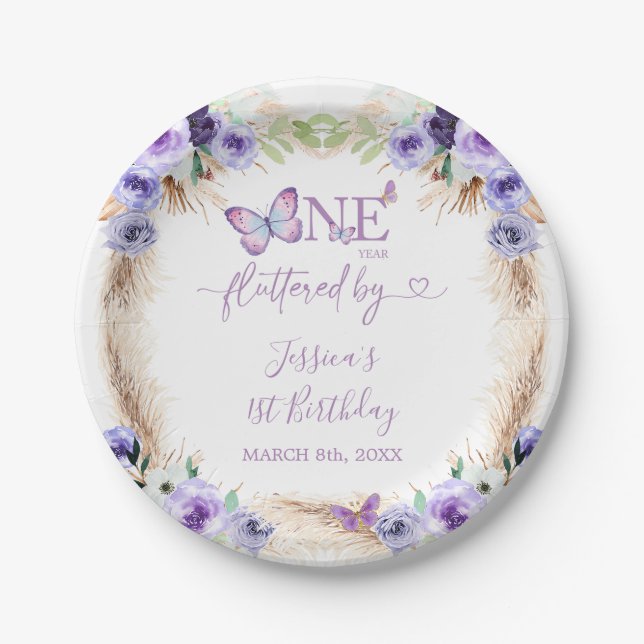 One Year Fluttered Butterfly First Birthday Floral Paper Plate (Front)