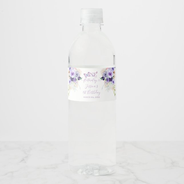 One Year Fluttered Butterfly First Birthday Floral Water Bottle Label (Front)
