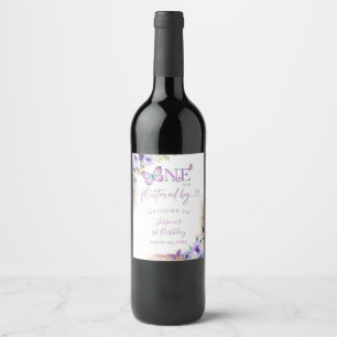 One Year Fluttered Butterfly First Birthday Floral Wine Label