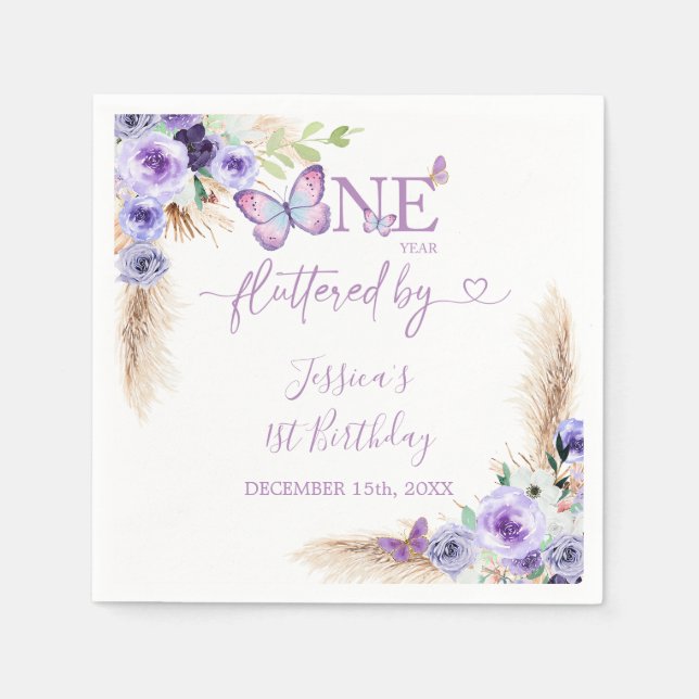 One Year Fluttered Butterfly First Birthday Paper Napkin (Front)