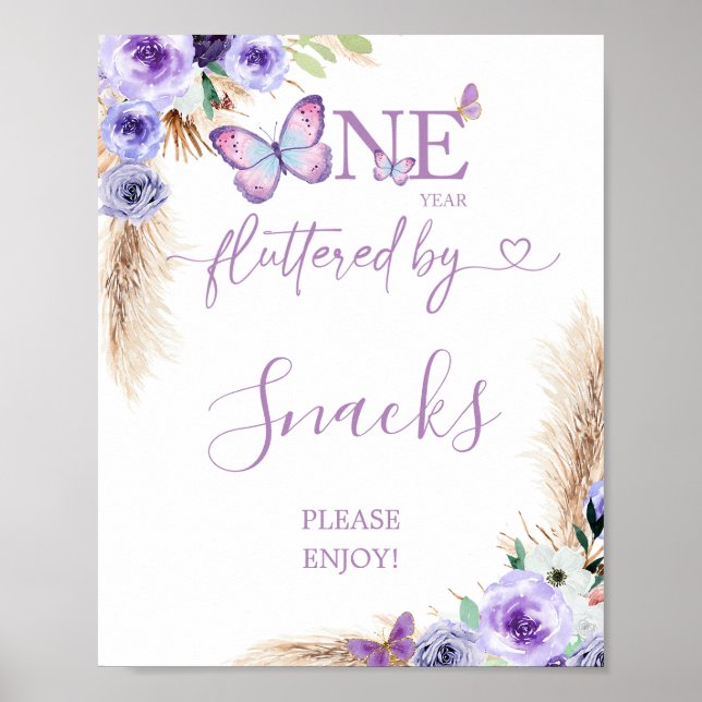 One Year Fluttered Butterfly First Birthday Snacks Poster (Front)