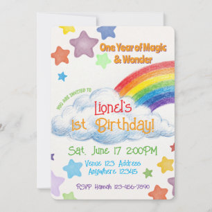 One Year of Magic & Wonder Rainbow 1st Birthday Invitation