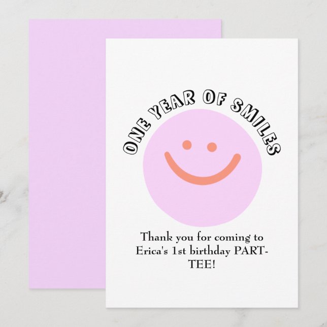 ONE YEAR OF SMILES Birthday Infant add details Thank You Card (Front/Back)