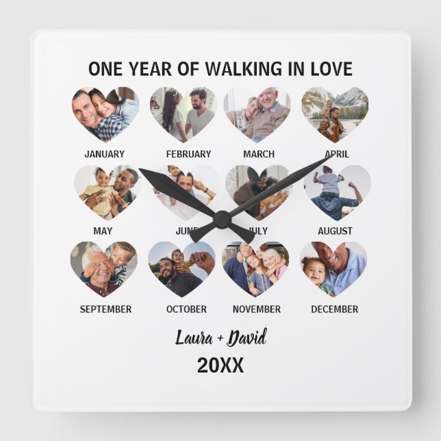 One Year of Walking in Love 12 Heart Photo Collage Square Wall Clock (Front)