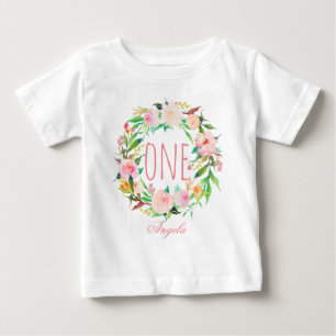 One Year Old Birthday Baby Girl Floral Wreath-3 T-Shirt