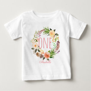 One Year Old Birthday Baby Girl Floral Wreath-5 T-Shirt