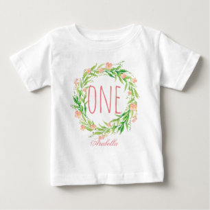 One Year Old Birthday Baby Girl Floral Wreath-6 T-Shirt