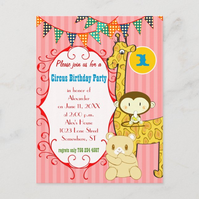One Year Old Circus Elephant Monkey Giraffe Party Invitation Postcard (Front)