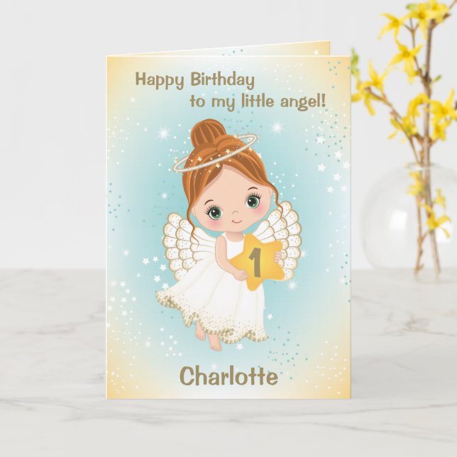 One Year Old Cute Little Angel Greeting Card (Yellow Flower)