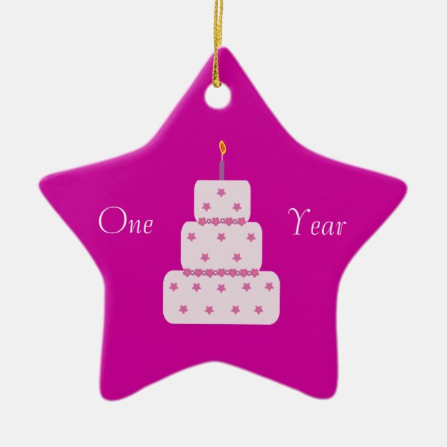 One Year Sobriety Birthday Cake Customisable Pink Ceramic Tree Decoration (Front)