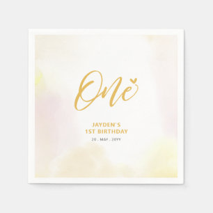 One Yellow Heart & Watercolor Boy 1st Birthday Napkin