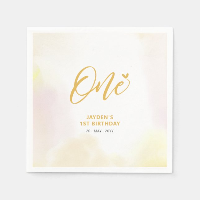 One Yellow Heart & Watercolor Boy 1st Birthday Napkin (Front)