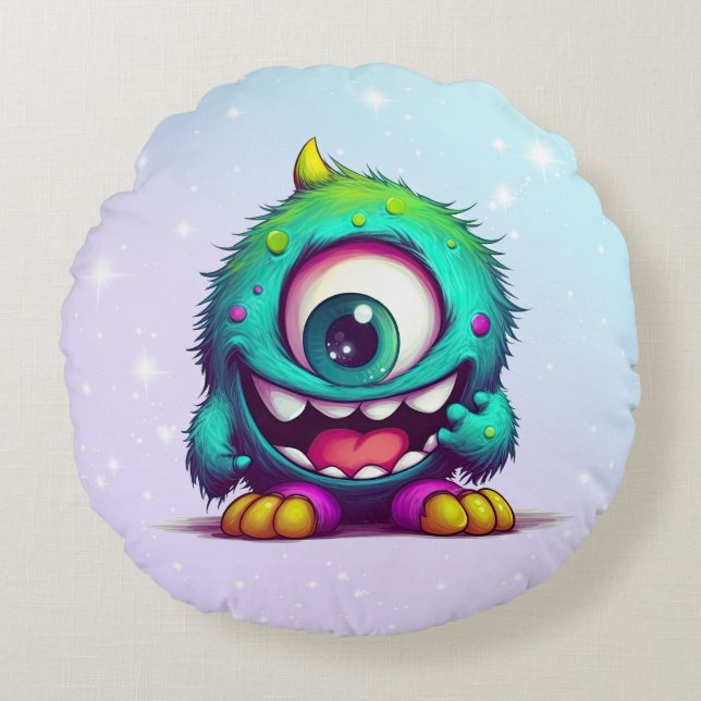 Onecru B is the one-eyed cheerful mini monster Round Cushion (Front)