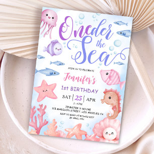 ONEder The Sea! 1st Birthday Baby Girl Cute Ocean  Invitation