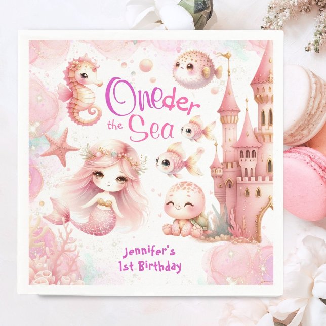 ONEder The Sea 1st Birthday Cute Girl Pink Mermaid Napkin (Creator Uploaded)