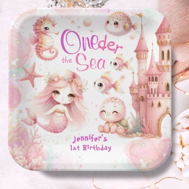 ONEder The Sea 1st Birthday Cute Girl Pink Paper Plate (Creator Uploaded)