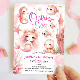 ONEder The Sea! 1st Birthday Girl Pink Mermaid Invitation