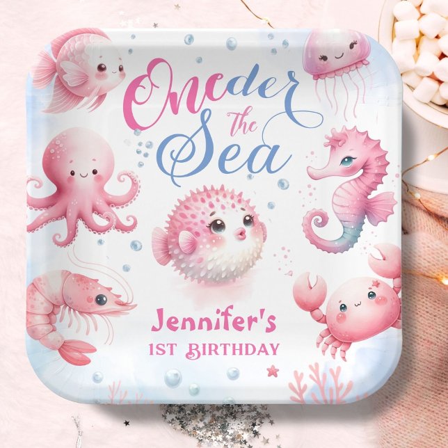 ONEder The Sea 1st Birthday Girls Pink Cute Ocean  Paper Plate (Creator Uploaded)