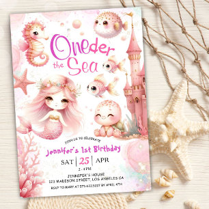 ONEder The Sea! 1st Birthday Pink Girl Cute Ocean  Invitation