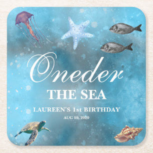 Oneder The Sea 1st Birthday  Square Paper Coaster