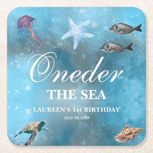Oneder The Sea 1st Birthday  Square Paper Coaster (Front)