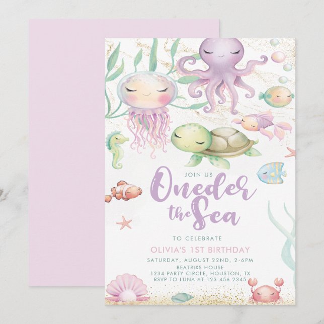 Oneder The Sea 1st Birthday Under The Sea purple Invitation (Front/Back)
