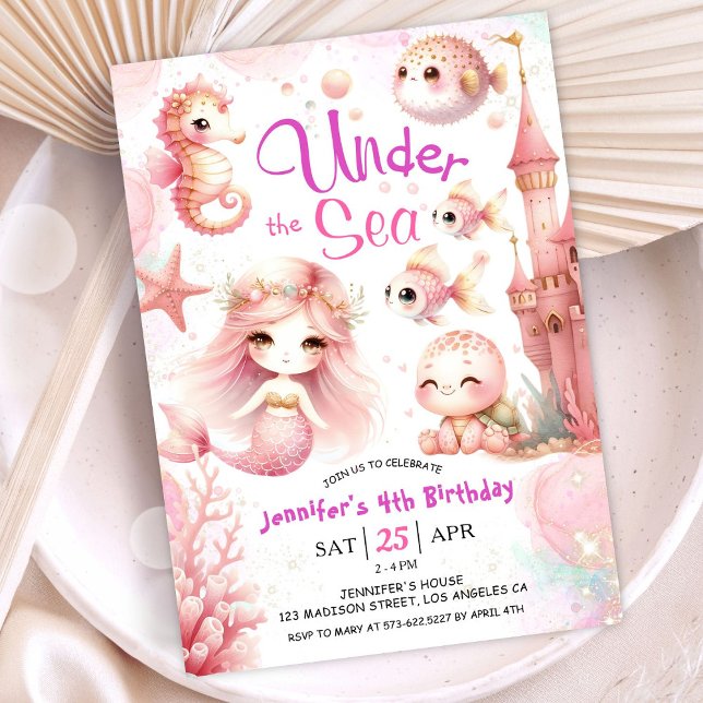 ONEder The Sea! 4th Birthday Girl Pink Cute Ocean Invitation (Creator Uploaded)