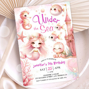 ONEder The Sea! 7th Birthday Girl Pink Cute Ocean Invitation