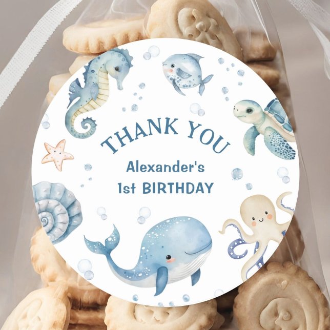 ONEder The Sea Boy 1st Birthday Cute Blue Ocean Classic Round Sticker (Creator Uploaded)