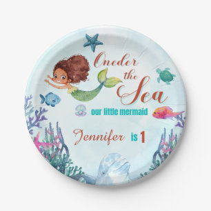 Oneder the Sea Brown Mermaid 1st Birthday Girl Paper Plate