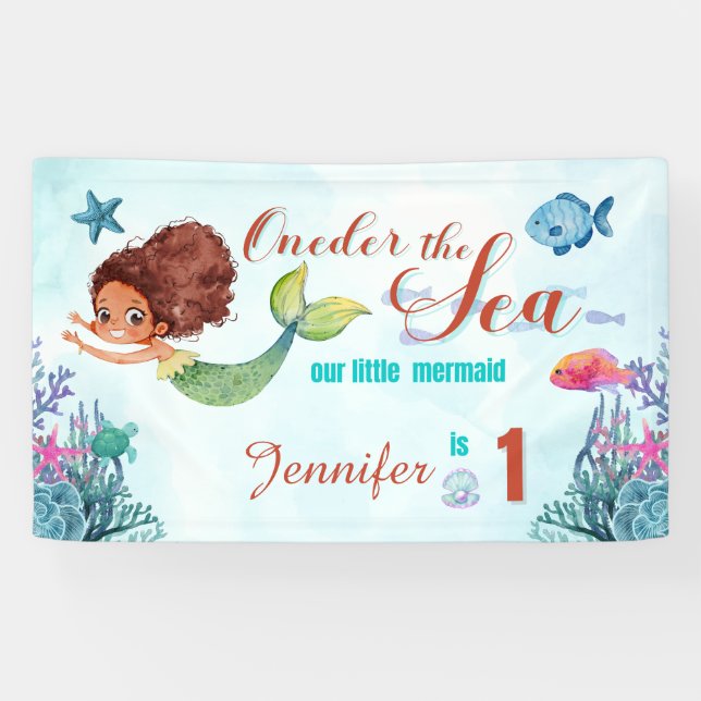 Oneder the Sea Brown Mermaid Girls 1st Birthday Banner (Horizontal)