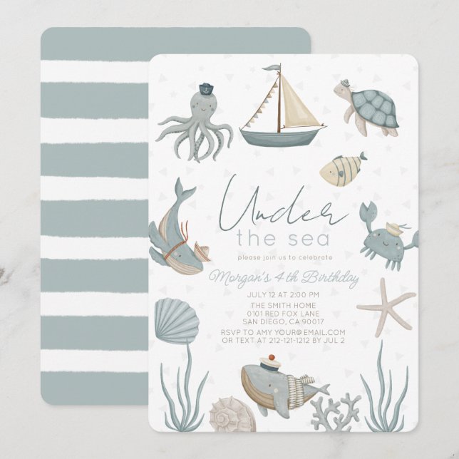 Oneder the Sea Creatures Blue Boy Birthday Invitation (Front/Back)