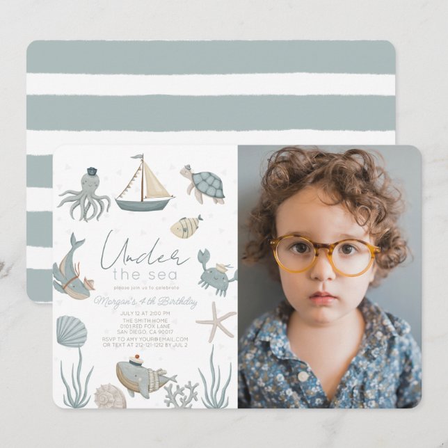 Oneder the Sea Creatures Blue Boy Birthday Photo Invitation (Front/Back)