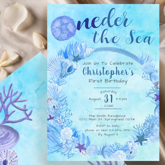 OneDer the Sea Cute Blue Boy's 1st Birthday Party Invitation (Creator Uploaded)